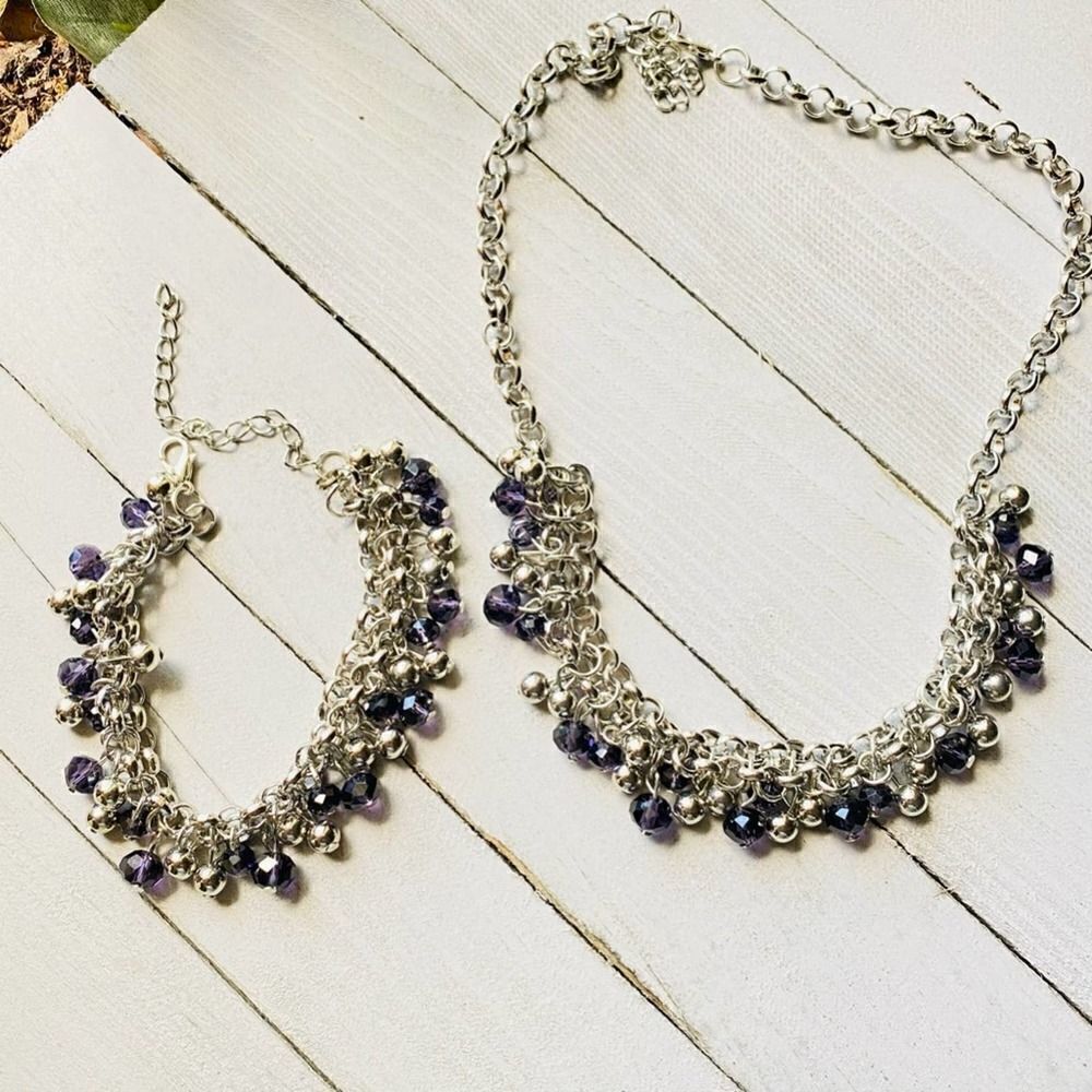 Purple Crystal Silver Chain Necklace Bracelet Set